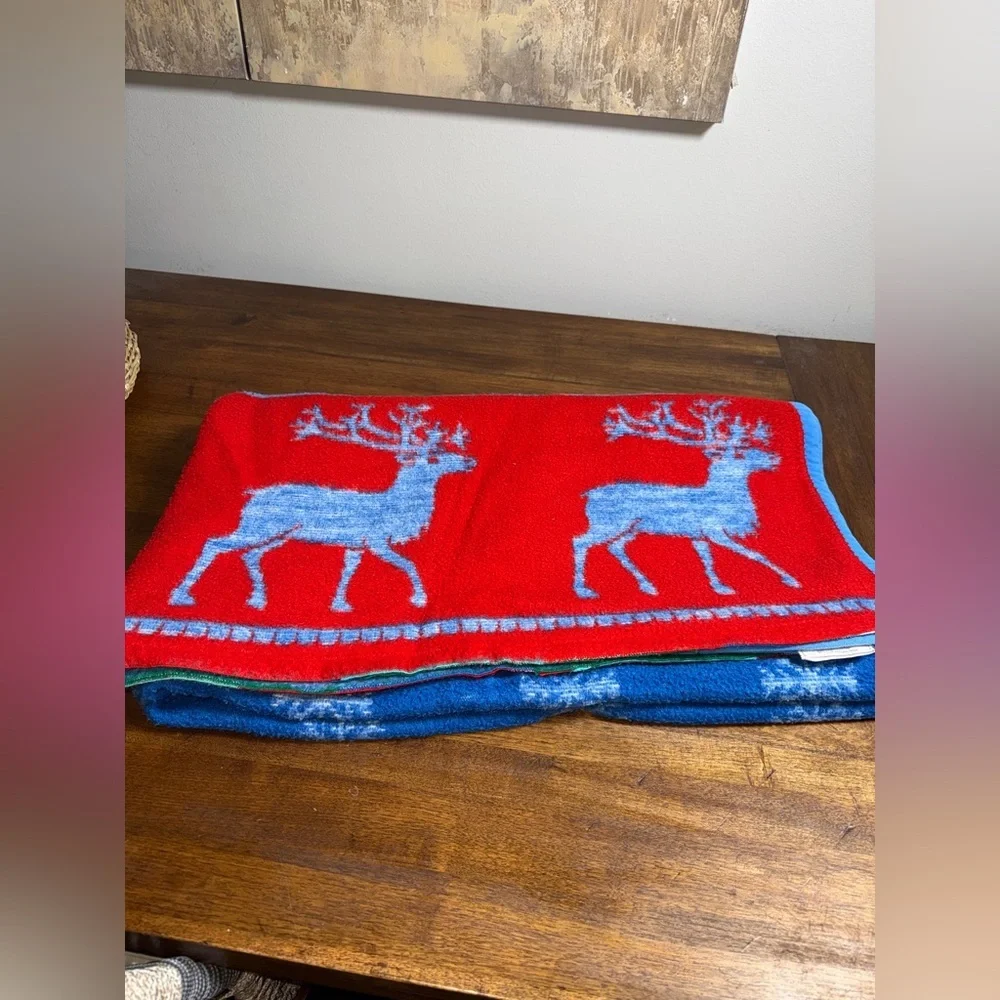 Vtg Biederlack Christmas Throw Tree Reindeer Reversible Blanket 58x68